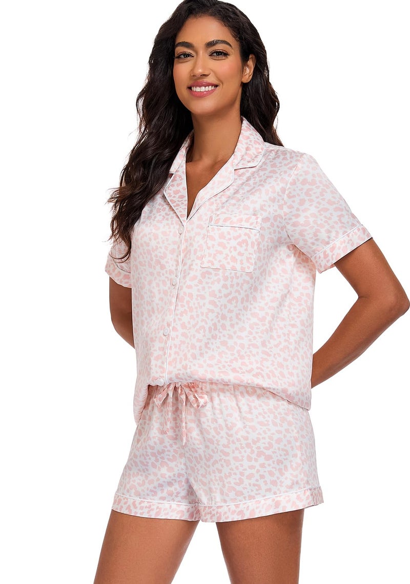 Serenedelicacy Women's Satin Pajama Set 2-Piece Sleepwear Loungewear Button Down Short Sleeve Silky PJ Set (Medium, Blush, Leopard) - Image 4